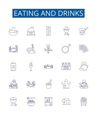 Yemek ve içecek çizgisi simgeleri ayarlandı. Yemek, İçecekler, Yiyecek, İçecek, Mutfak, Beslenme, Ücret, Akşam Yemeği vektör çizimleri tasarımı