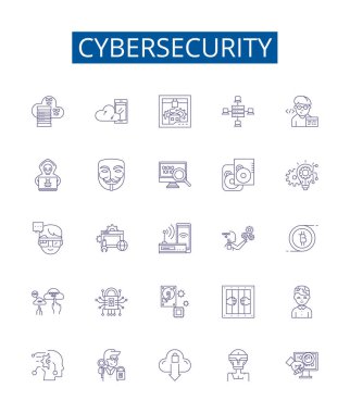 Siber güvenlik çizgisi simgeleri ayarlandı. Siber Güvenlik, Ağ, Güvenlik, Saldırı, Önleme, İzleyici, Savunmasızlık, Malware ana hatları vektör çizimleri tasarımı