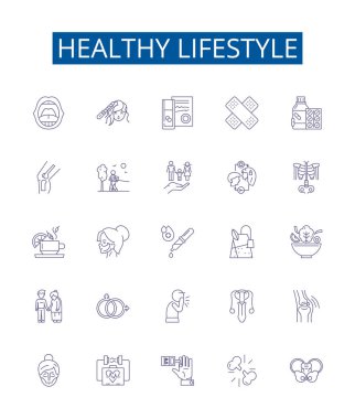 Sağlıklı yaşam çizgisi simgeleri belirlendi. Egzersiz, Beslenme, Uyku, Su, Denge, Ilımlılık, Rahatlık, Rahatlama ana hatları vektör çizimleri tasarımı