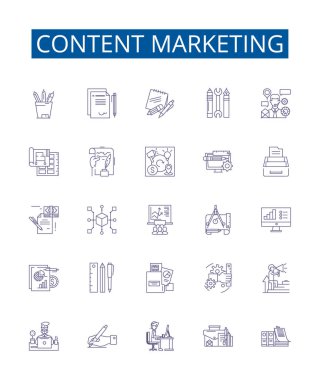 İçerik pazarlama çizgisi simgeleri ayarlandı. İçerik, Pazarlama, Strateji, Dağıtım, Seyirci, Yazma, SEO, Sosyal ana hatlar vektör çizimleri tasarımı