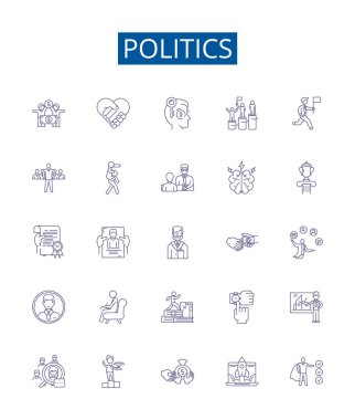 Siyaset çizgisi simgeleri belirlendi. Politika, Yönetim, Diplomasi, Devlet Tasarımı, Seçim, Yasama, Politika, Yönetici ana hatları vektör çizimleri tasarımı