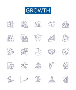 Büyüme çizgisi simgeleri ayarlandı. Genişleme, Geliştirme, Yükselme, Yükseltme, Yükseltme, Geliştirme, Arttırma, Çizgi vektör çizimleri tasarımı