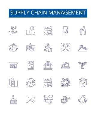 Tedarik zinciri yönetim simgeleri ayarlandı. Kaynak, Lojistik, Envanter, Tedarik, Dağıtım, Akış, Kalite, Süreç ana tasarım vektör çizimleri koleksiyonu