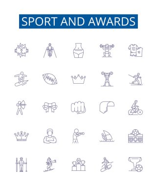 Spor ve ödül satırı simgeleri ayarlandı. Sports, Awards, Competition, Medals, Trophies, Champions, Records, Excellence vektör çizimleri tasarım koleksiyonu