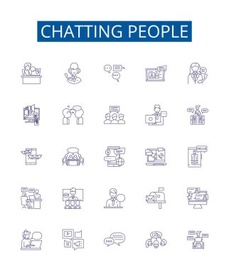 Sohbet eden insanların çizgi simgeleri ayarlandı. Conversing, Chatting, Connecting, Interacting, Gossiping, SMS, Comsing, Comicating Outline vektör çizimlerinin tasarım koleksiyonu