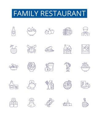Aile restoranı çizgisi simgeleri ayarlandı. Aile, restoran, yemek, yemek, mutfak, yer, kafe, gıda ana hatları konsepti çizimleri tasarım koleksiyonu