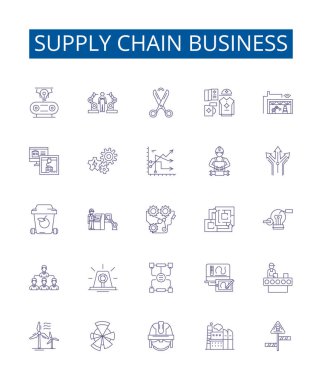 Tedarik zinciri simgeleri ayarlandı. Dağıtım, Lojistik, Tedarik, Depo, Envanter, Üretim, Dış Kaynak, Nakliye ana hatları vektör çizimleri tasarımı