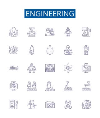 Mühendislik çizgisi simgeleri ayarlandı. Tasarım koleksiyonu: Mühendislik, Teknoloji, Tasarım, Üretim, İnşaat, Elektronik, Mekanik, Bilim ana Hattı: