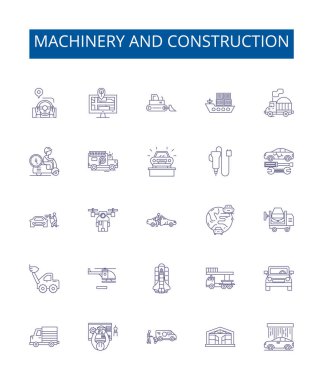 Makineler ve inşaat çizgisi simgeleri ayarlandı. Makine, İnşaat, Ekipman, Mühendis, Otomasyon, Endüstriyel, Üretim, İşletme konsepti çizimleri tasarım koleksiyonu