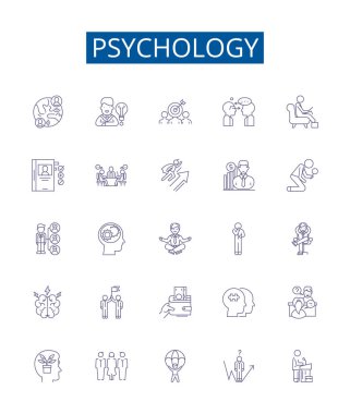 Psikoloji çizgi simgeleri ayarlandı. Psikoloji, Akıl, Beyin, Duygular, Davranış, Bilişsellik, Geliştirme, Kişilik ana hatları konsept çizimleri tasarım koleksiyonu