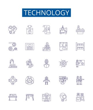 Teknoloji çizgisi simgeleri ayarlandı. Tech, Gadget, Electronics, Network, Software, Program, AI, Machine ana hatları vektör çizimleri tasarım koleksiyonu
