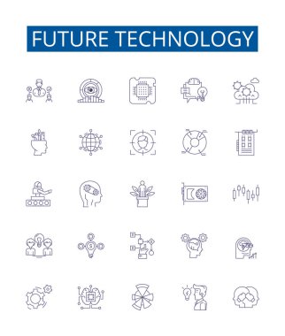 Geleceğin teknoloji çizgisi simgeleri belirlendi. Tasarım koleksiyonu: Yenilikler, Otomasyon, Robot Bilimi, Yapay Zeka, Nanoteknoloji, Biyoteknoloji, Kuantum Hesaplama, Büyük Veri Ana Hattı vektör kavramı