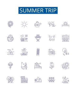 Yaz tatili simgeleri ayarlandı. Tatil, Kaçış, Eğlence, Isı, Keşif, Rahatla, Güneş, Plaj ana hatları vektör çizimleri tasarımı