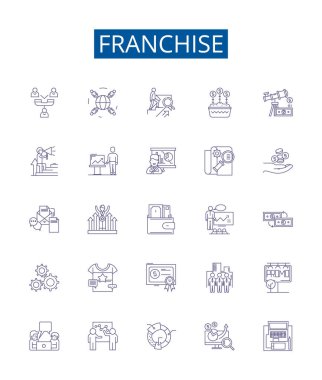 Bayilik çizgisi simgeleri ayarlandı. Franchising, Chain, Licensing, Business, Outlets, Pazarlama, Markalaşma, Yatırım ana hatları konsept çizimleri koleksiyonu