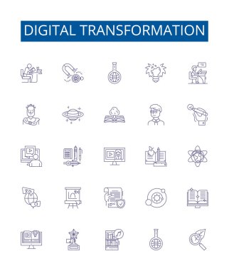 Dijital dönüşüm çizgisi simgeleri ayarlandı. Dijital, Dönüşüm, Teknoloji, Otomasyon, Yenilik, İş, Süreç, Analitik ana hatları konsept çizimlerinin tasarım koleksiyonu