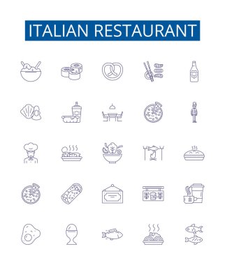 Italian restaurant line icons signs set. Design collection of Italian, restaurant, cuisine, pasta, pizza, bread, garlic, basil outline vector concept illustrations clipart