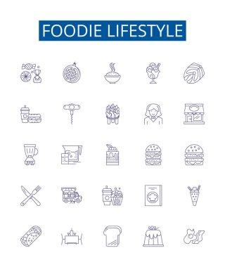 Foodie yaşam çizgisi simgeleri ayarlandı. Gourmet, Cuisine, Binging, Diet, Cooking, Eat, Grrazing, Feast ana hatları çizim çizimleri tasarım koleksiyonu