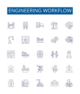 Mühendislik çalışma hattı simgeleri ayarlandı. Tasarım koleksiyonu, mühendislik, iş akışı, tasarım, süreç, optimizasyon, otomasyon, planlama, geliştirme ana hatları vektör çizimleri