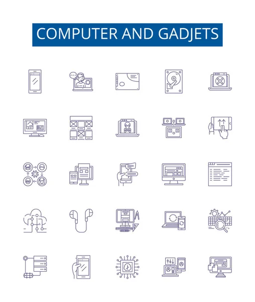 Ikony Komputerów Gadżetów Ustawione Kolekcja Projektowa Sprzętu Oprogramowania Sieci Laptopów — Wektor stockowy