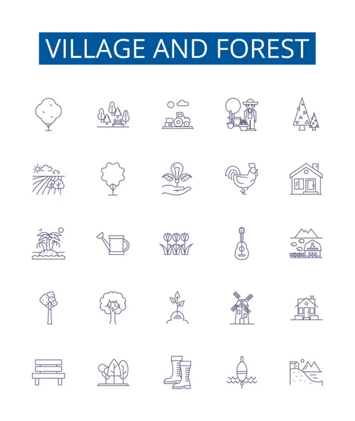 Ensemble Icônes Village Ligne Forestière Collection Design Village Forêt Rural — Image vectorielle