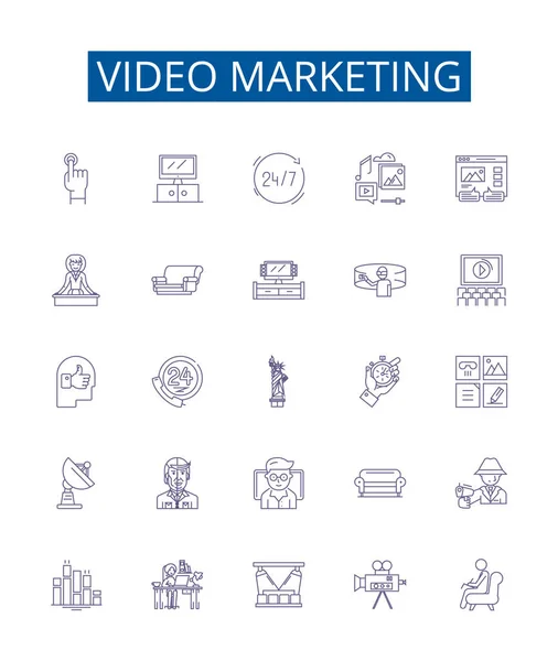 Відео Маркетинг Іконки Знаки Встановлені Колекція Дизайну Відео Маркетингу Виробництва — стоковий вектор