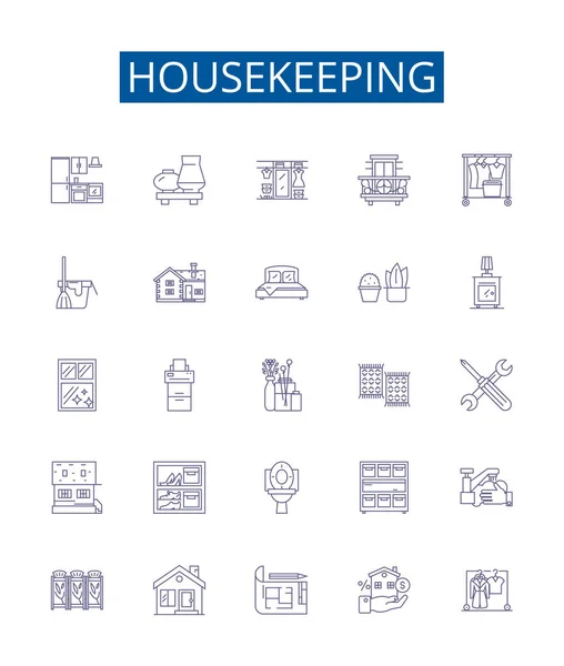 Housekeeping Line Icons Signs Set Design Collection Cleaning Maintenance Disinfecting — Stock Vector