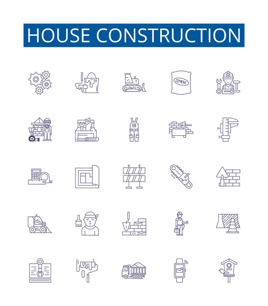Ház Építési Vonal Ikonok Táblák Beállítva Tervezés Gyűjteménye Épület Építőipar — Stock Vector