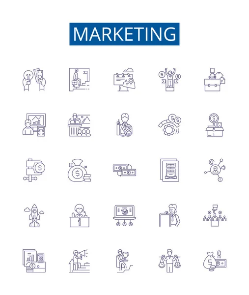 Línea Marketing Iconos Signos Conjunto Diseño Colección Publicidad Promoción Venta — Vector de stock