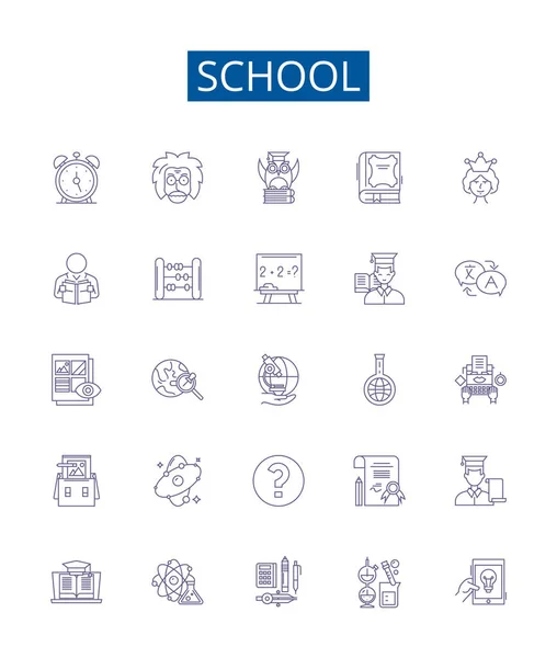Línea Escuela Iconos Letreros Establecidos Diseño Colección Educación Aprendizaje Conocimiento — Archivo Imágenes Vectoriales