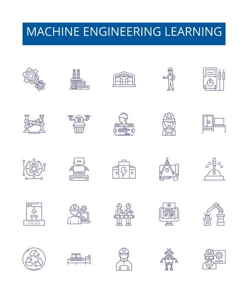 Μηχανική Μηχανική Μάθηση Γραμμή Εικονίδια Πινακίδες Που Σχεδιασμός Συλλογής Μηχανών — Διανυσματικό Αρχείο