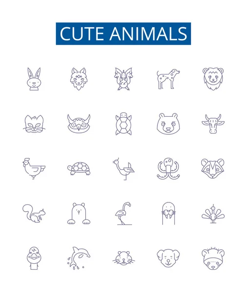 Cute Animals Line Icons Signs Set Design Collection Furry Kittens — Stock Vector