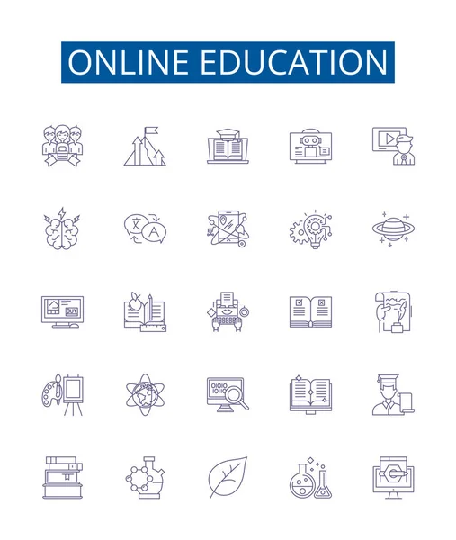 Ikony Linii Edukacyjnej Online Ustawione Kolekcja Projektowa Elearning Zdalne Odległość — Wektor stockowy