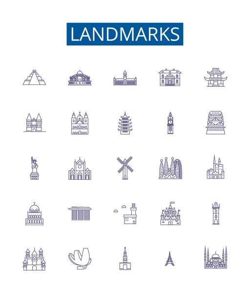 Landmarks Line Icons Signs Set Design Collection Monuments Statues Structures — Stock Vector