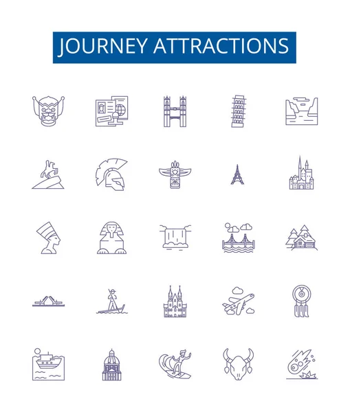 Podróż Atrakcje Linii Ikony Zestaw Znaków Kolekcja Projektowa Kierunków Zwiedzanie — Wektor stockowy
