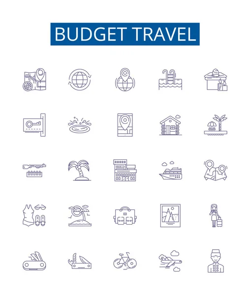 Bütçe Seyahat Çizgisi Simgeleri Ayarlandı Ucuz Bütçe Ucuz Frugal Ekonomi — Stok Vektör