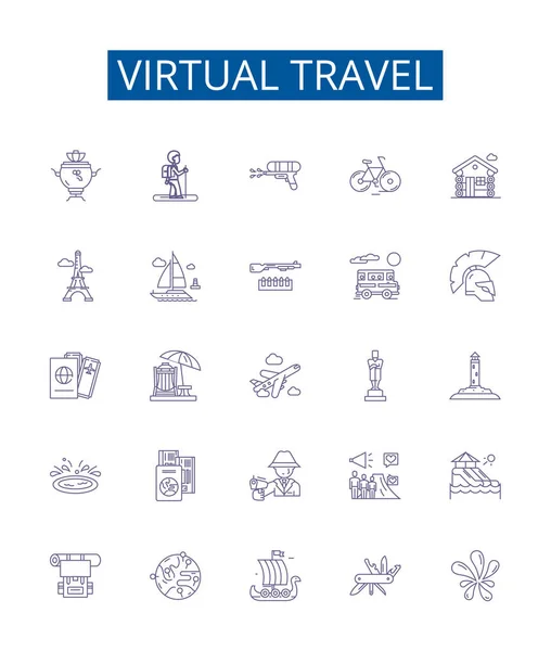 Virtuele Reislijn Pictogrammen Borden Ingesteld Design Collectie Van Virtual Travel — Stockvector