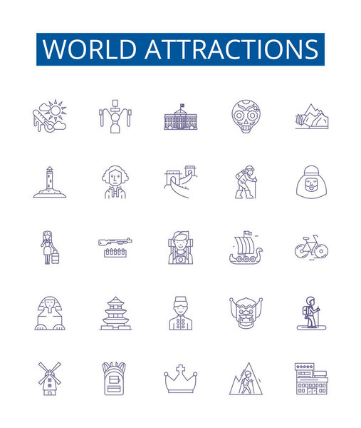 World attractions line icons signs set. Design collection of Sites, Destinations, Attractions, Monuments, Landmarks, Wonders, Ruins, Parks outline vector concept illustrations