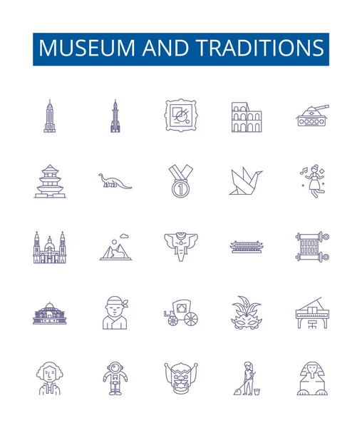 博物馆和传统的线条图标标志设置 博物馆 藏品设计集 — 图库矢量图片
