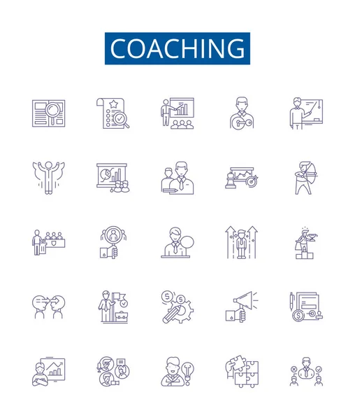 Coaching Line Icons Signs Set Design Collection Mentoring Guiding Educating — Stock Vector
