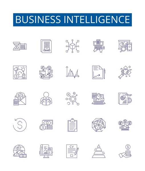Iconos Línea Inteligencia Negocios Diseño Colección Analítica Datos Procesamiento Informe — Vector de stock