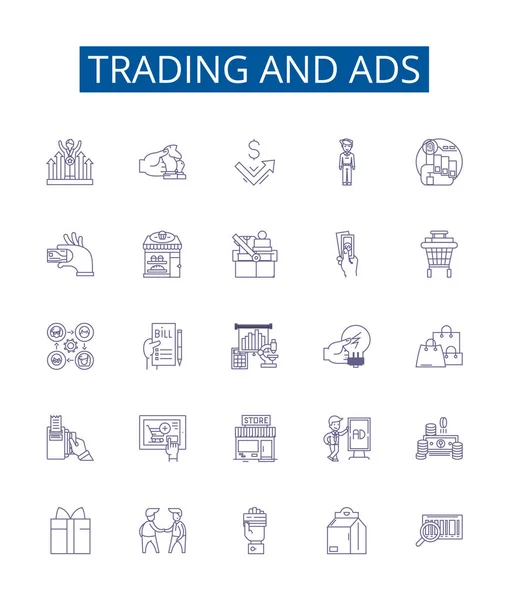 Ticaret Reklam Çizgisi Simgeleri Ayarlandı Ticaret Reklamlar Reklamlar Anlaşmalar Pazarlamalar — Stok Vektör