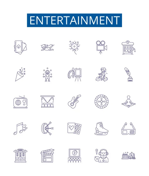Línea Entretenimiento Iconos Letreros Establecidos Diseño Colección Juegos Películas Teatro — Vector de stock