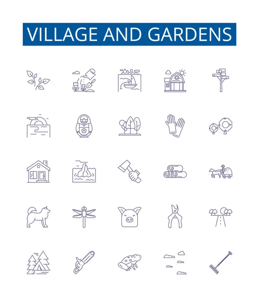 Village Jardins Ligne Icônes Signes Ensemble Collection Design Village Jardins — Image vectorielle