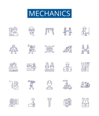 Mekanik çizgisi simgeleri ayarlandı. Otomotiv, Fizik, Mühendislik, Tamir, Teknisyen, Güç, Sürtünme, Tork ana hatları çizim çizimleri tasarımı