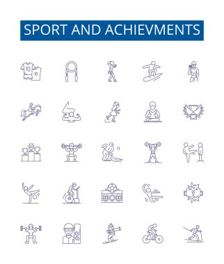 Spor ve başarı çizgisi simgeleri ayarlandı. Sports, Achievements, Victory, Accompliation, Record, Medal, Trophy, Excellence ana hatları vektör çizimleri tasarım koleksiyonu