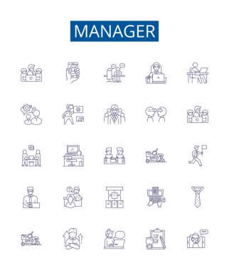 Yönetici satırı simgeleri ayarlandı. Yönetici, Denetmen, Yönetici, Yönetici, Yönetici, Yönetici, Gözetmen, Foreman ana hatlı vektör çizimleri tasarım koleksiyonu