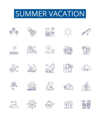 Yaz tatili simgeleri belirlendi. Holiday, Tatil, Sun, Beach, Fun, Heat, BBQ, Seyahat ana hatleri vektör çizimleri tasarımı