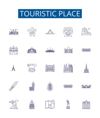 Turistik yer çizgisi simgeleri belirlendi. Tasarım koleksiyonu, turist, yer, hedef, cazibe, gezi, tatil, keşif, cazibe merkezi konsept çizimleri