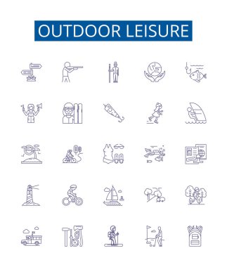 Açık hava eğlence çizgisi simgeleri ayarlandı. Kamp, Yürüyüş, Balıkçılık, Kayak, Bisiklet, Yüzme, Tekne, Tırmanış konsepti çizimleri