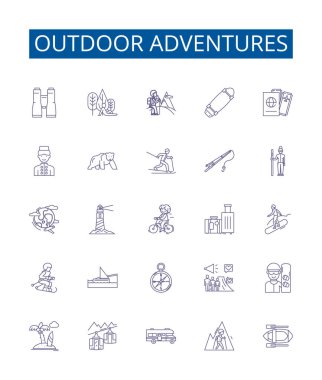 Açık hava maceraları çizgi simgeleri ayarlandı. Trekking, Hiking, Kamp, Kayak, Kano, Kaya tırmanışı, Dağ Bisikleti, İniş konsepti çizimleri tasarım koleksiyonu